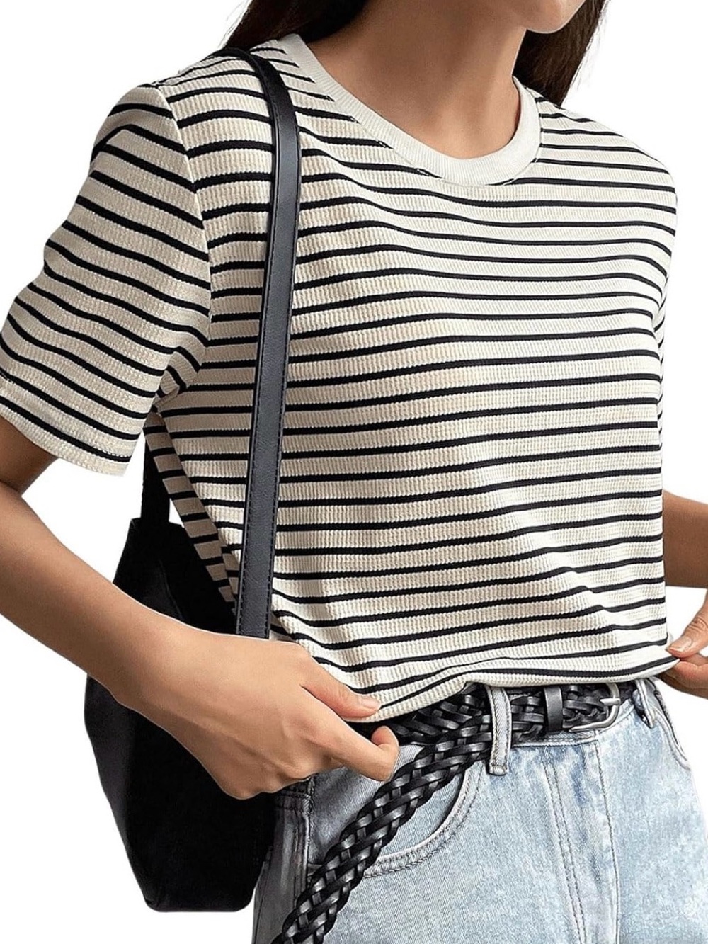 Ribbed Striped Short-Sleeve Crewneck Top in Black & Cream
